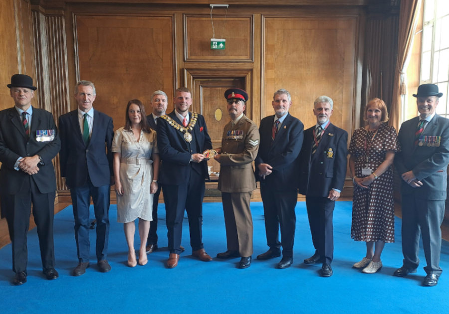 Members of the Royal Yorkshire Regiment and the Mayor of Barnsley Cllr Liam Hardcastle.